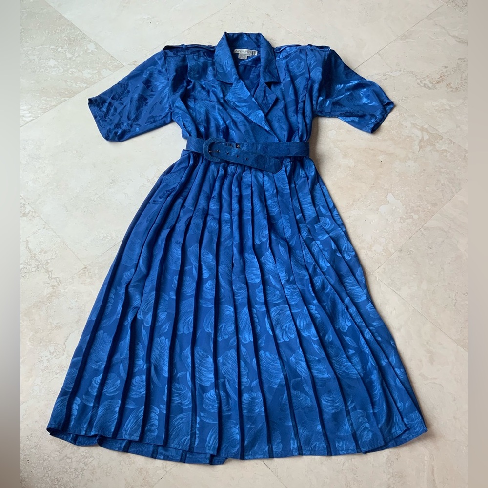Vtg Argenti Blue Pleated Belted Dress sz 8